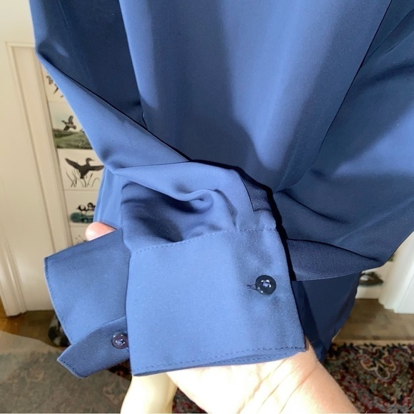 LAUREN Conrad classy navy blouse enhanced by lace shoulders and hidden buttons. - Picture 5 of 7